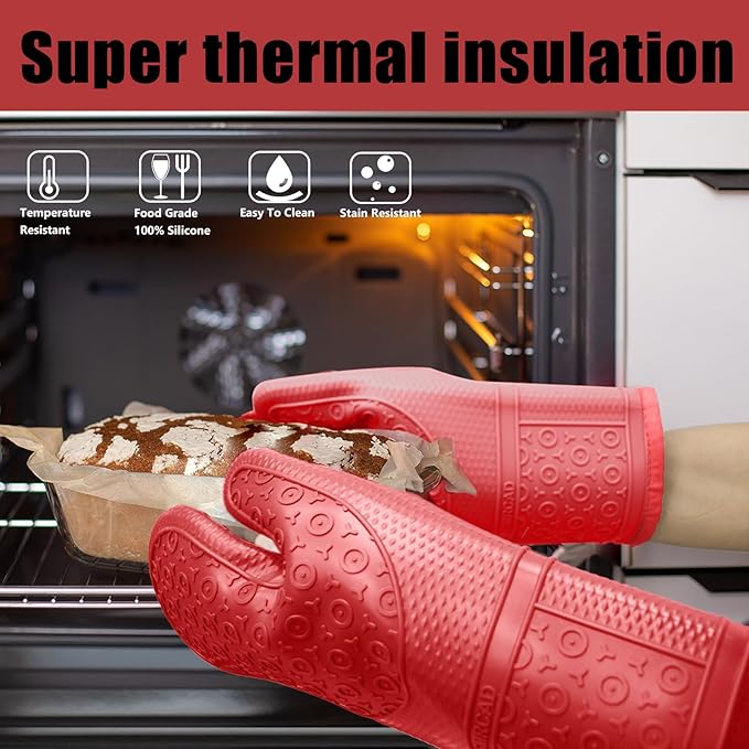 Oven Mitts with Heat-Resistant Hot Pads and Five Silicone Spatulas Designed for Kitchen Baking Cooking, Oven Glove Soft Cotton Lining, Waterproof, BPA-Free (RED, 12.6)