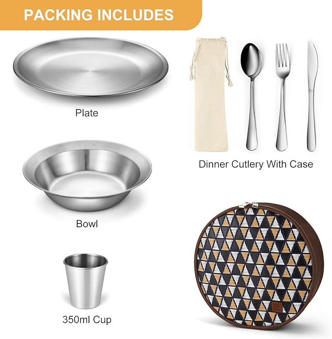 Odoland Camping Complete Messware Kit, Polished Stainless Steel Camp Dinnerware, Camping Cooking Tableware, Cutlery Organizer Utensil with Plates and Bowls Set for Backpacking, Hiking, Picnic Picnic.