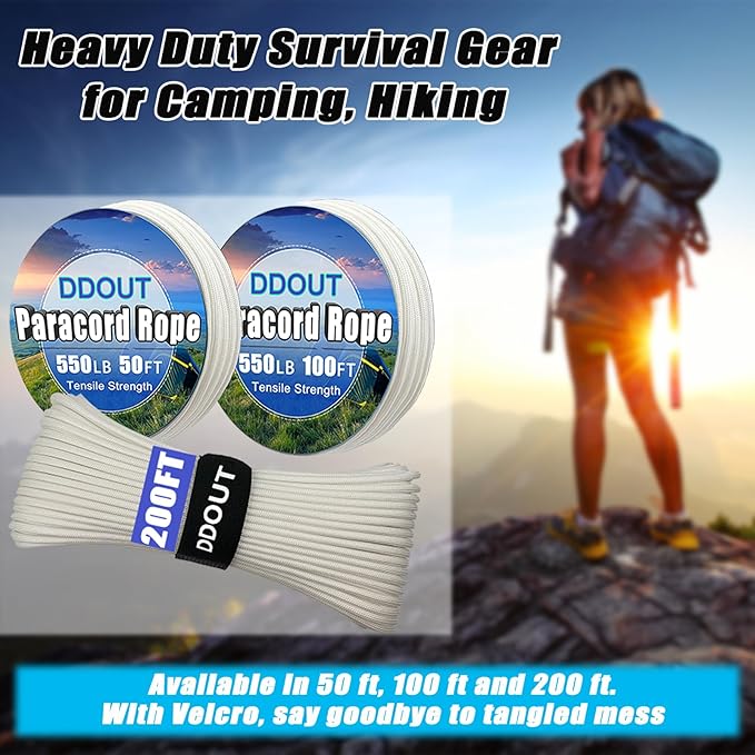 Paracord Nylon Rope 100ft White with 7-Strand Core, 10 Colors and 50/100/200 ft, Type III Parachute Cord 4mm for Camping, Survival, Hiking, DIY, Crafting, Outdoor Utility Rope