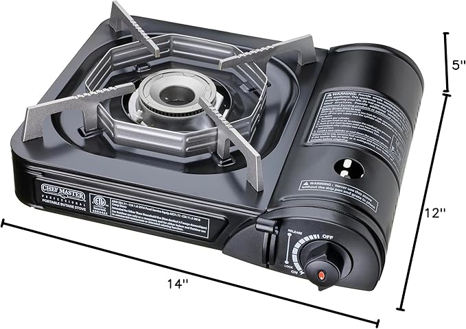 Portable Butane Camping Stove COMBO, Piezo Ignition Wind-Guard 7,650 BTU Portable Stove Burner w/ 4 x 8oz. Butane Fuel Canister for Emergencies, Hiking & Outdoor Camping Essential by Chef Master 90027