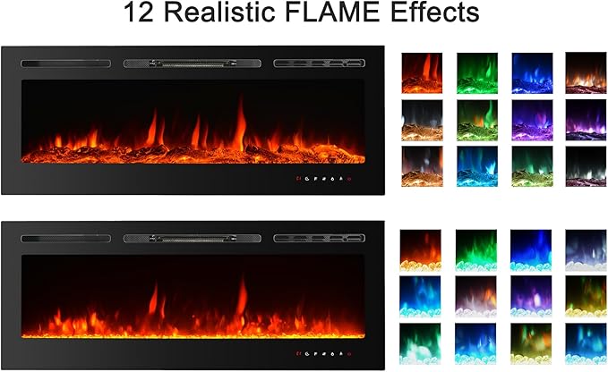 CharaVector 60 inch 750W/1500W Electric Fireplace Inserts with Remote Control in Wall Mounted, Energy Saving LED Insert Fireplace Heater Indoor Glass View with Remote Control & Touch Screen, Black