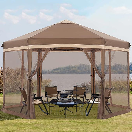 COOSHADE Pop up Canopy, 10X12 Pop up Tent with Mesh Walls, 6 Sides Gazebo, Patented 1 Step Lock Tech, Screened House for Outdoor/Camping/Lawn/Trip/Gathering, Khaki and Brown