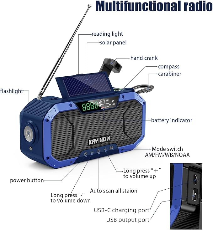 Hand Crank Emergency Weather Radio Solar Power with AM FM NOAA,Wind Up Flashlight,Cell Phone Charger, 5000mAh Rechargeable Battery,SOS Alarm,Portable,Waterproof,for Survival,Storm and Power Outage