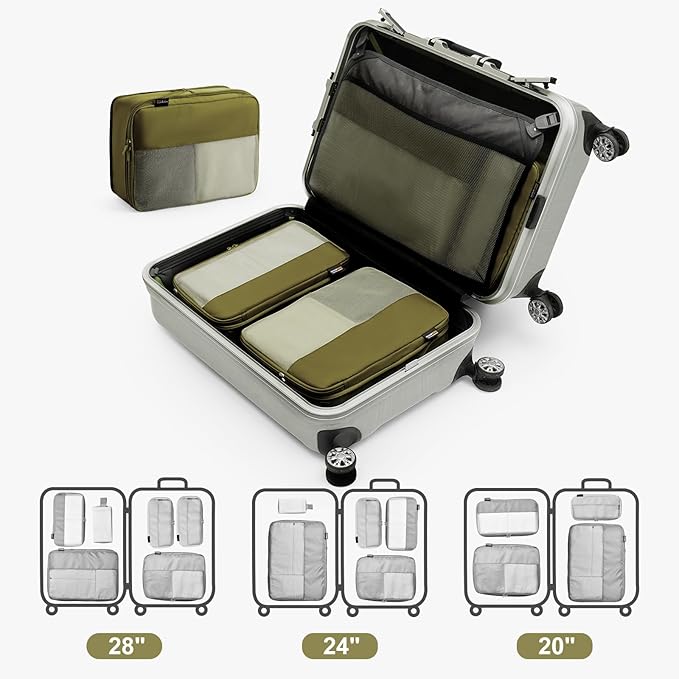 5 Set Compression Packing Cubes for Travel, Space Saving Luggage Organizer Bags (Army Green)