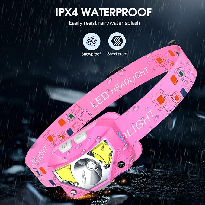 LHKNL Headlamp Flashlight, High Lumen Bright LED Rechargeable Headlight with White Red Light, 2-Pack Waterproof Motion Sensor Head Lamp, 8 Mode for Camping Running Hiking Fishing Gear- Pink
