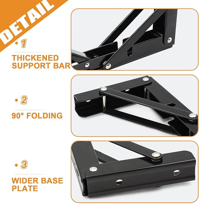 Storystore Folding Shelf Brackets - 8 Inch Heavy Duty Metal Collapsible Shelf Bracket for Bench Table, Shelf Hinge Wall Mounted Space Saving DIY Bracket, Max Load: 150 lb (2 PCS, Black)