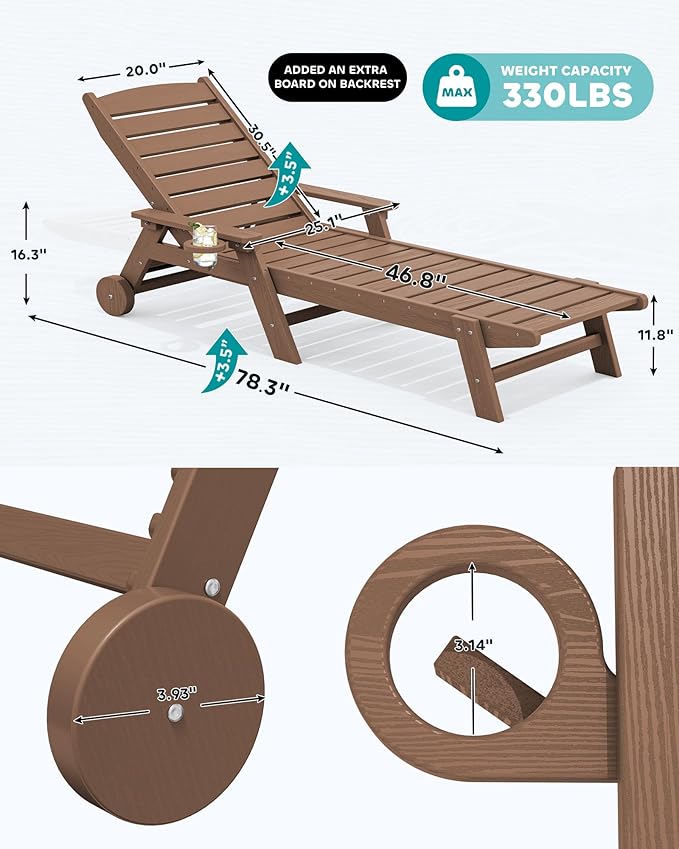 SERWALL Patio Chaise Lounge Chair Set of 2 with 9FT Patio Umbrella, 78'' HDPE Outdoor Lounger 5 Positions Adjustable, Poly Lounge Chair with Rolling Wheels & Cup Holder for Pool,Wooden Brown