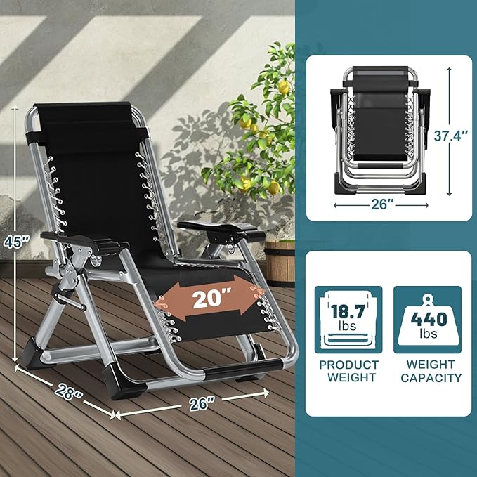 NAIZEA Padded Zero Gravity Chair, Folding Outdoor Lounge Chairs, Adjustable Reclining Camping Chairs with Cup Holder, Ergonomic Patio Lawn Chair for Balcony Beach Deck Yard