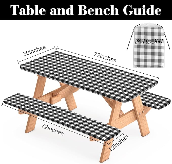 3 Pcs Set Fitted Picnic Table Cover with Bench Covers Vinyl Camping Table Cloth Flannel Backing Picnic Table Cloth for 6ft Tables Camping Outdoor (Black Checked, 30 x 72 Inches)