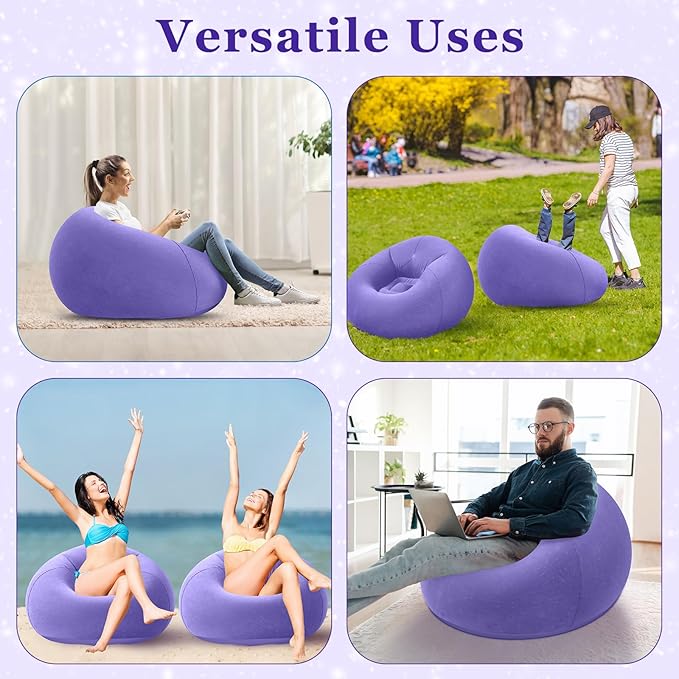 Realspring Inflatable Bean Bag Chairs Outdoor Blow up Camping Chairs Inflatable Lazy Sofa Folding Portable Bean Bag Loungers Couch for Movie Night(Light Purple,2 Pcs)