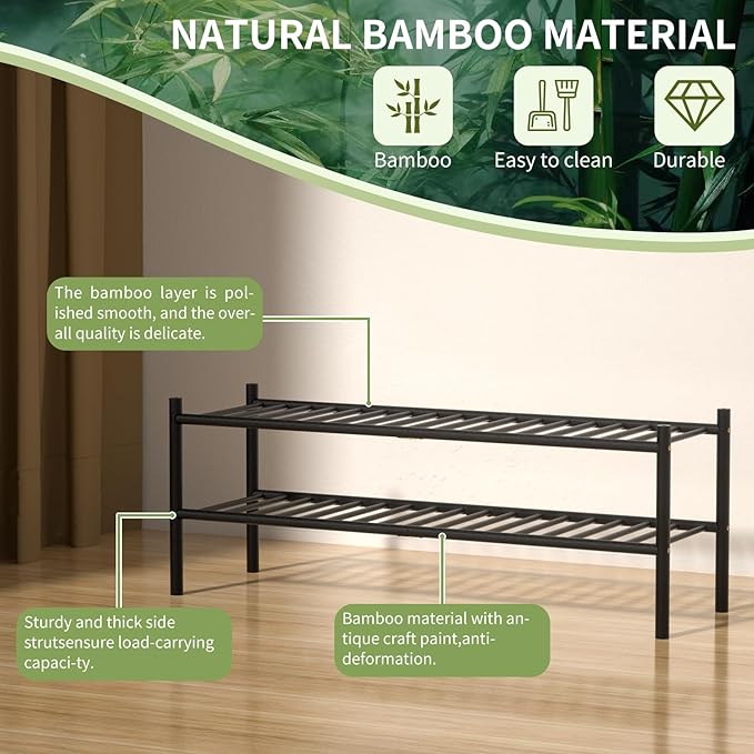 2-Tier Bamboo Long Shoe Rack, Free Standing Wood Shoe Shelf Storage Organizer for Closet Entryway Stackable 35"x11"x13" (Black)