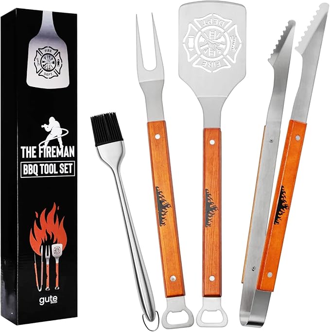 Firefighter Gifts for Men - Large BBQ Grilling Set, 4-Piece Heavy Duty Stainless Steel Tools with Bottle Opener - Fireman, Fire Department, First Responder Flag Gift