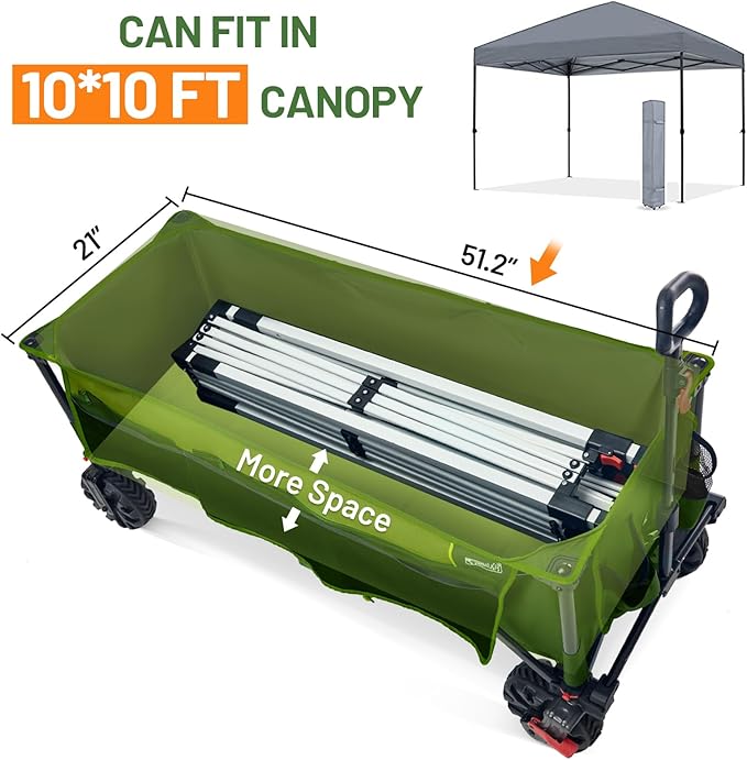 TIMBER RIDGE 51.2" Extended Collapsible Wagon - Heavy-Duty Utility Cart with All-Terrain Wheels, Brakes & Cargo Net, 400L Capacity for Camping, Sports & Shopping, Green