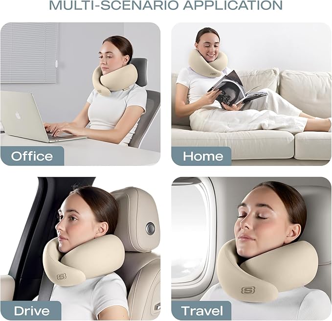 Skechers Memory Foam Travel Pillow,Comfortable & Breathable Airplane Travel Essential, Neck Pillow for Travel, Car Rides, Home, and Office Use, Ergonomic Design for Men and Women,Beige