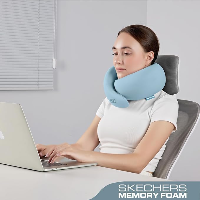 Skechers Memory Foam Travel Pillow,Comfortable & Breathable Airplane Travel Essential, Neck Pillow for Travel, Car Rides, Home, and Office Use, Ergonomic Design for Men and Women,Blue