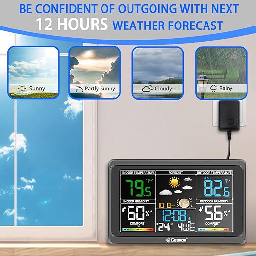 Geevon Weather Stations Wireless Indoor Outdoor Thermometer, Color VA Display Digital Weather Thermometer, Temperature Humidity Monitor with Barometer, Calendar, and Adjustable Backlight