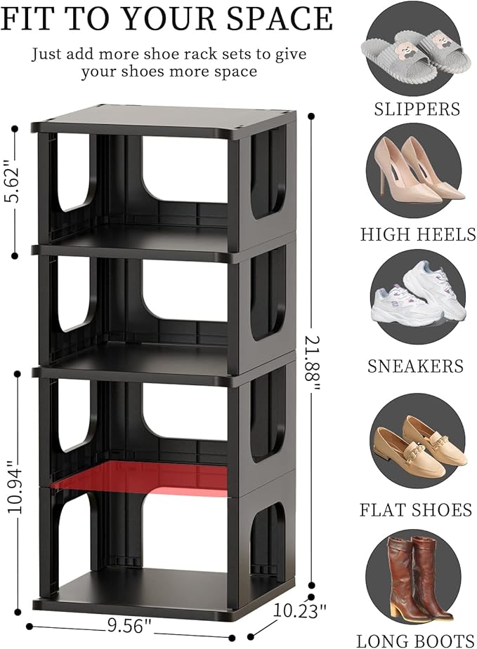 Shoe Organizer Rack for Small Spaces 5 Tier Plastic Vertical Narrow Shelves for Closet Black Shoe Holder, Stand for Entryway Storage Boots Organizer Stackable Cabinet