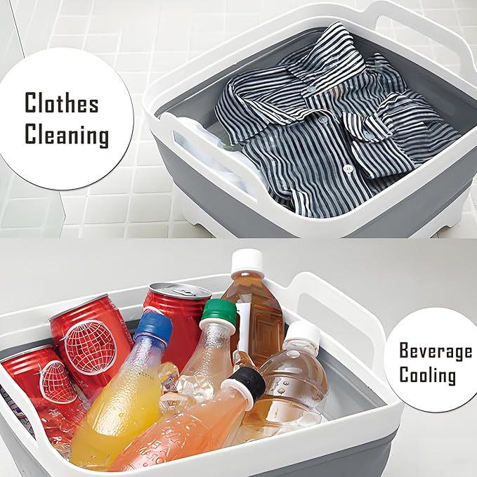 Collapsible Dish Basin with Drain Plug, 9L 2.4 Gallon Portable Wash Basin Dishpan Space Saving Dish Washing Tub Foldable Sink Tub Kitchen Storage Tray Grey