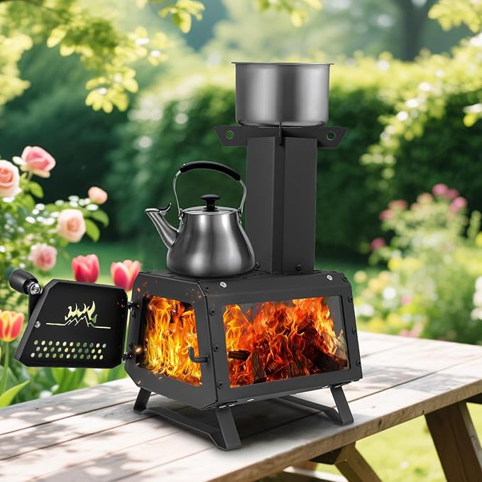 Camping Wood Stove, Portable Wood Burning Stove wtih X-shaped Pot Holder, Glass-Ceramic Window & Carbon Bridge, Tabletop Fire Pit Stove for Outdoor Cooking, Heating, Hunting & Ice Fishing