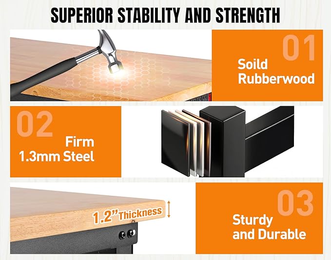 96”Adjustable Work Bench, 5000 LBS Capacity Heavy Duty Workbench with Power Outlet & Pegboard, Rubber Wood Work Table for Garage, Workshop, Office, Home