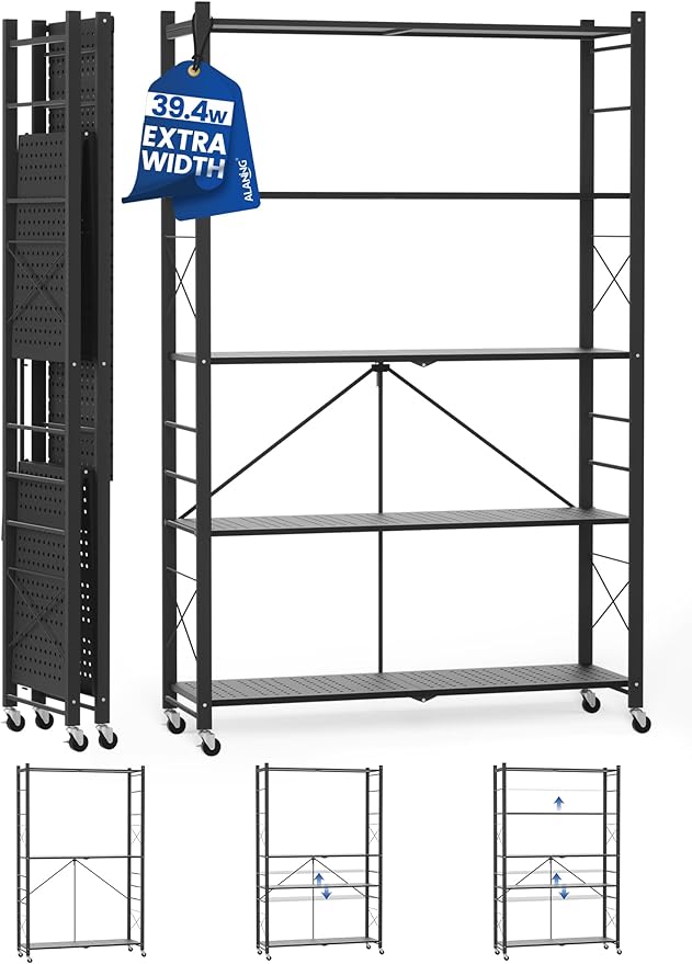ALANNG 39.4" Wide Folding Storage Shelves with Wheels, Adjustable Metal Shelving Unit, Standing Shelf Organizer for Closet Kitchen Garage Laundry Pantry (Black,1 Pack)