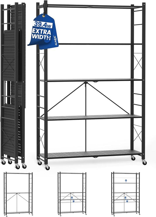 ALANNG 39.4" Wide Folding Storage Shelves with Wheels, Adjustable Metal Shelving Unit, Standing Shelf Organizer for Closet Kitchen Garage Laundry Pantry (Black,1 Pack)