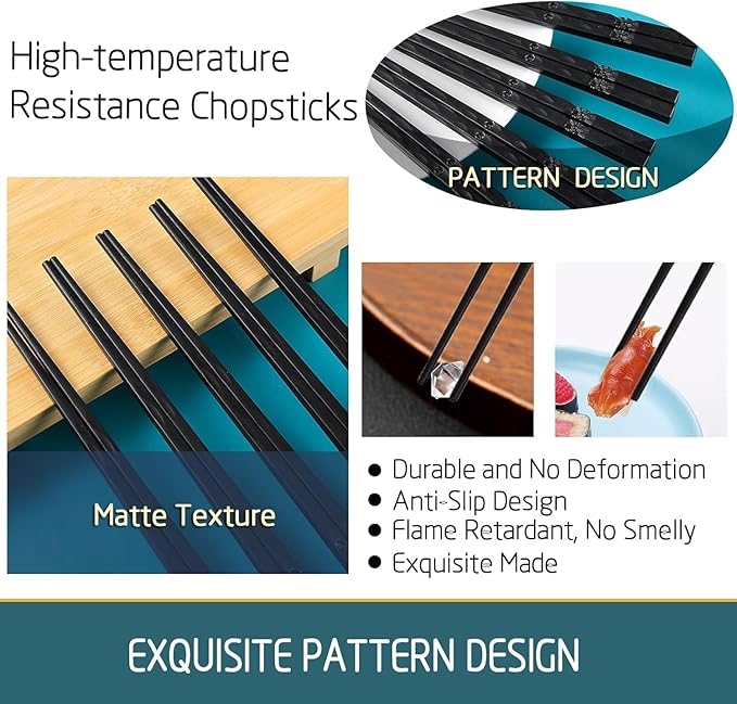 100 Pairs Fiberglass Sushi 24cm/9.4 Inch Chopsticks, Dishwasher Safe, Japanese Style Non-Slip, for Restaurant & Party, Black Bauhinia.