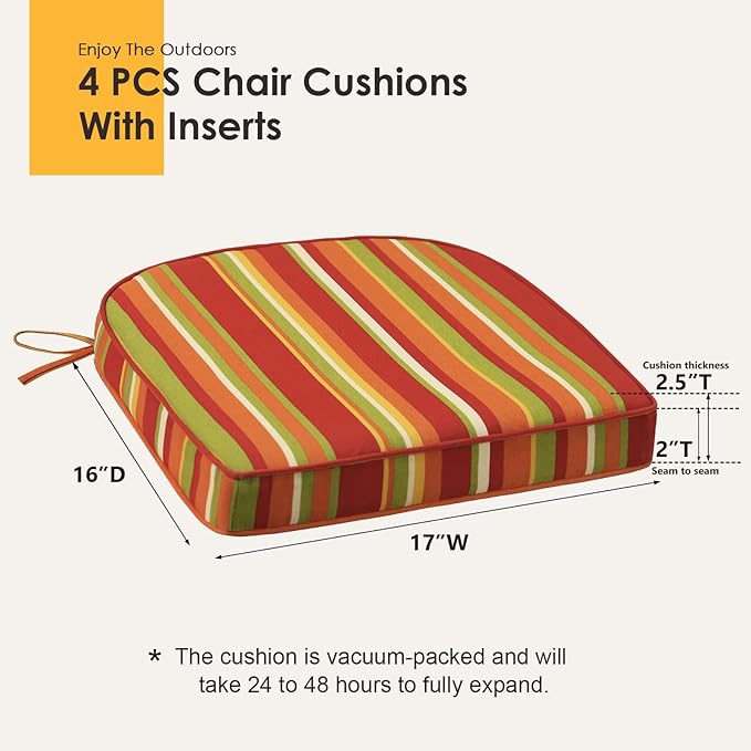 Outdoor Round Corner Seat Cushion, 17"x16"x2", Set of 4, Non Slip Seat Cushion Pads with Removable Cover for Patio Furniture, Garden Yard Lawn, Rainbow Stripe