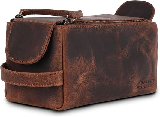 Genuine Leather Travel Toiletry Bag for Men and Womens Makeup Bag Organizer, Grooming and Shaving Essentials- Mens Dopp Kit for Travel - Large Cosmetic Bags for Women - Vintage Tan