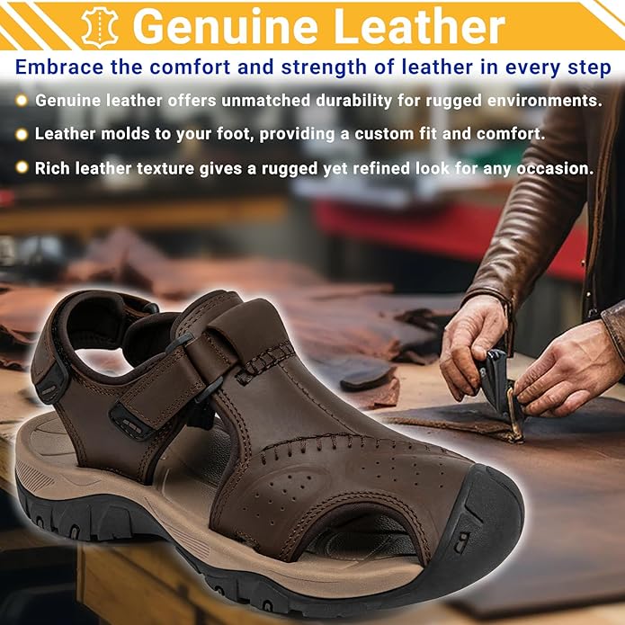Men's Sport Sandals Closed Toe Leather Hiking Athletic Walking Outdoor Beach Trail River Fishing Water Shoes Lightweight Comfortable Waterproof