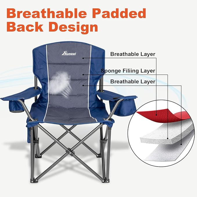 Romswi Oversized Camping Chairs,Heavy Duty Support 500 LBS,Padded Back & Arm Sport Chairs, Cup Holder Cooler Bag, Collapsible Folding Chairs for Outdoor, Fishing & Garden, Blue,2-Pack