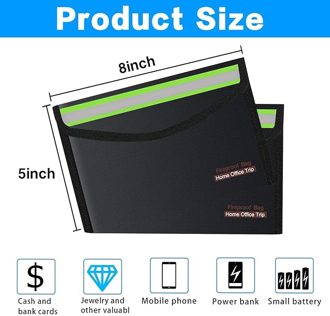 5"x8" Black Small Fireproof Bag Money Bag Home Office Travel Safe Storage Pouch for Document Cash Valuables Jewelry Mobile Power Supply Power Bank Lipo Battery (20 * 13cm)
