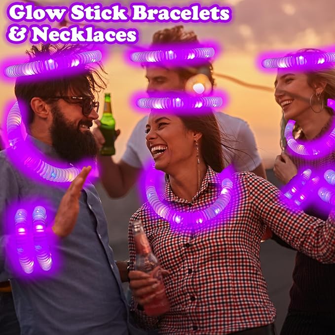 Purple Glow Sticks Party Favors for Kids 24 PCS,LED Light up Pop Tubes for Toddlers, Neon Necklaces Bracelets Accessories, Glow Birthday Wedding Dance Party Supplies Camping Toys Decorations