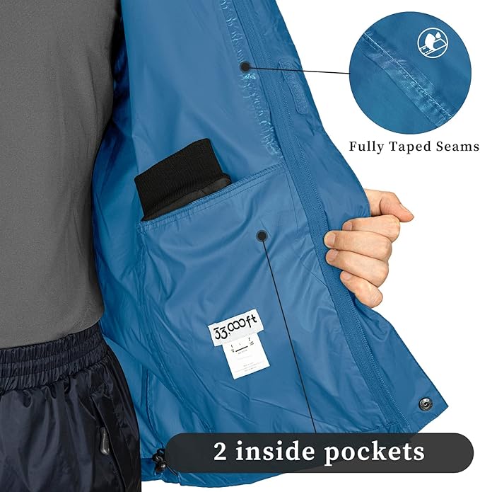 33,000ft Packable Rain Jacket Men's Lightweight Waterproof Rain Shell Jacket Raincoat with Hood for Golf Cycling Windbreaker
