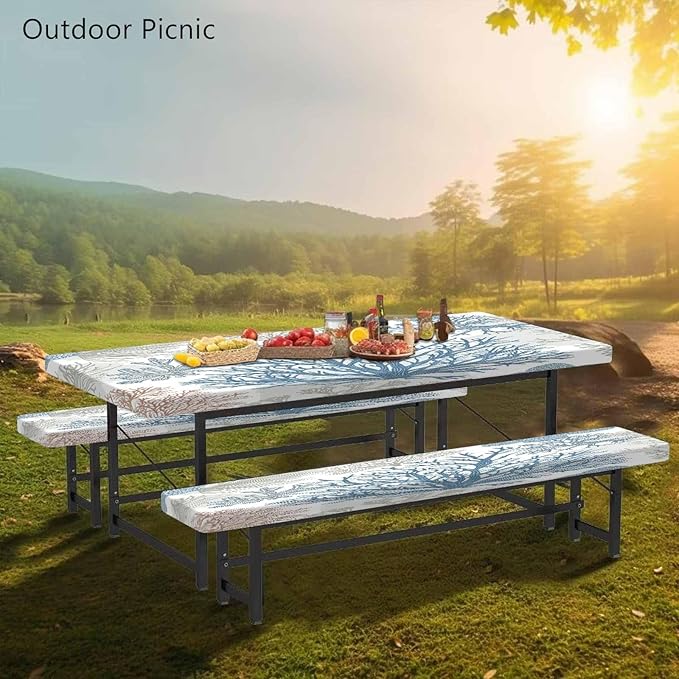 CAPSCEOLL Fitted Picnic Table Cover with Bench Covers with Elastic 8Ft Waterproof Camping Picnic Table Cover Cloths for Outdoors Camping Tablecloth with Drawstring Bag, 96X30in, Blue Sea