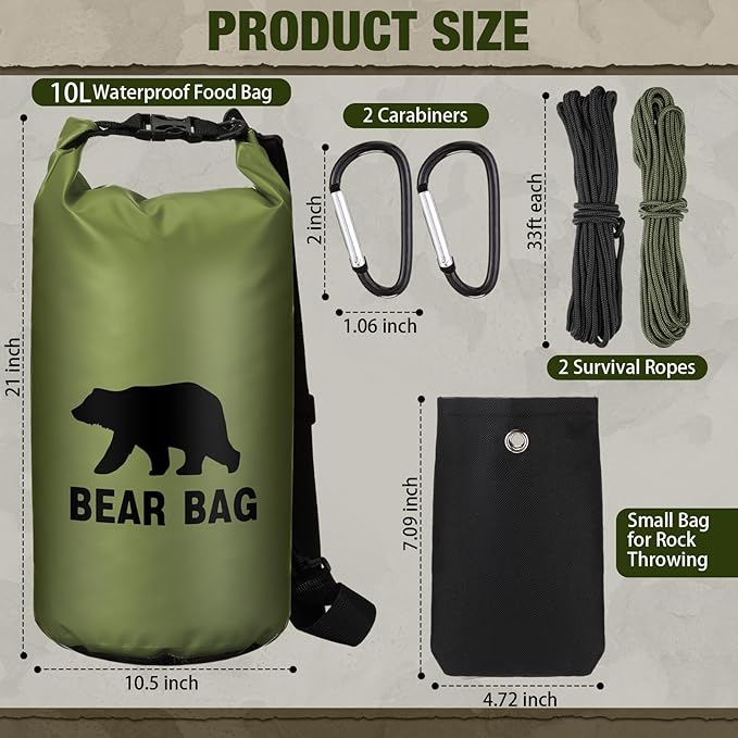 1 Set Bear Food Bag for Camping Ultralight Food Hanging System Includes Waterproof Bear Bag, Nylon Ropes, Hooks for Camping Backpacking