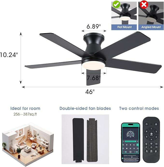 46" Low Profile Ceiling Fans with Lights and Remote, Black Indoor Ceiling Fan Light with Quiet Reversible DC Motor,Modern Flush Mount Ceiling Fans with Dimmable LED for Bedroom Kitchen