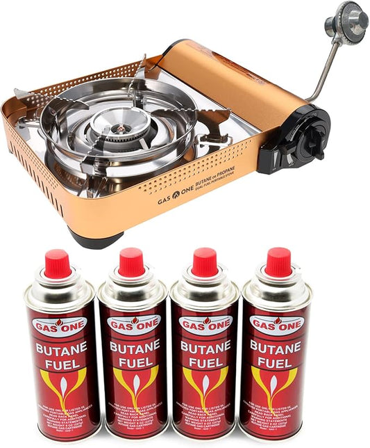Gas ONE GS-4000P - Premium Dual Fuel Camp Stove with 4 Butane Fuel Cartridge Bundles