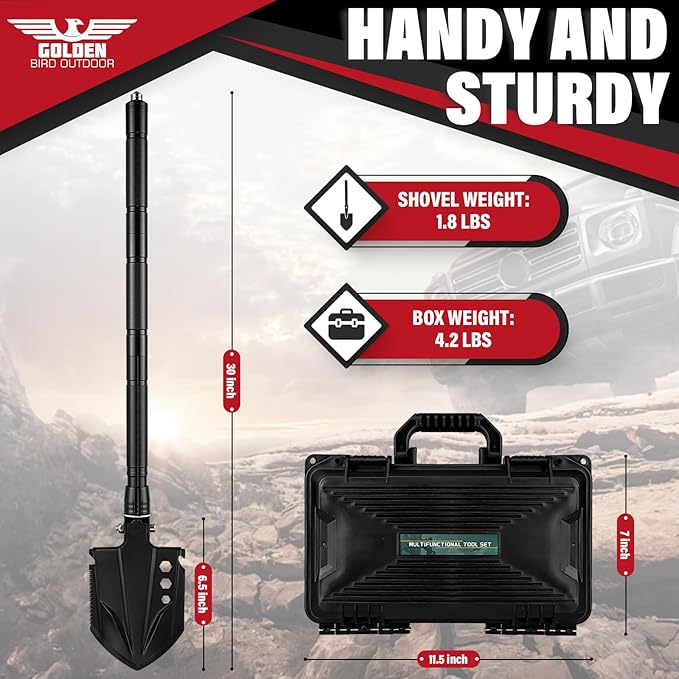 Golden Bird Survival Shovel Set - Multi-Tool Folding Camping Shovel with Carrying Case for Outdoor, 30 Inch Lengthened Handle Tactical Shovels, Off-Road, Gardening, Beach, Sand & Snow, Car Emergency