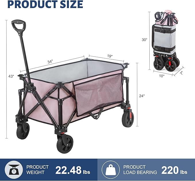 Collapsible Folding Wagon Cart, 220LBS Heavy Duty Foldable Utility Garden Cart with All Terrain Wheels & Side Storage Bag, Portable Sports Wagon for Camping, Shopping, Garden. (Pink)