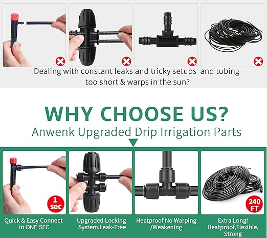 240FT Drip Irrigation System for Garden 2025 New Drip Irrigation Parts Automatic Garden Watering System with 1/2 1/4 Irrigation Tubing, Quick-Connect 1/4 inch Fittings,3 Types of Drip Emitters