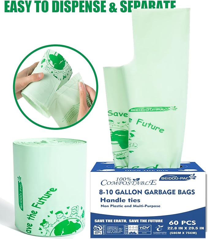8-10 Gallon Compostable Trash Bags, 60 Count - Kitchen & Food Scrap Waste Bags, Sturdy & Biodegradable, ASTM D6400, US BPI Certified