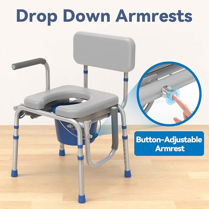 Drop Arm Bedside Commode, Commode with Padded Seat and Backrest, 500lbs Capacity, 5.81QT Removable Bucket, Adjustable Height Portable Toilet for Adults, Gray