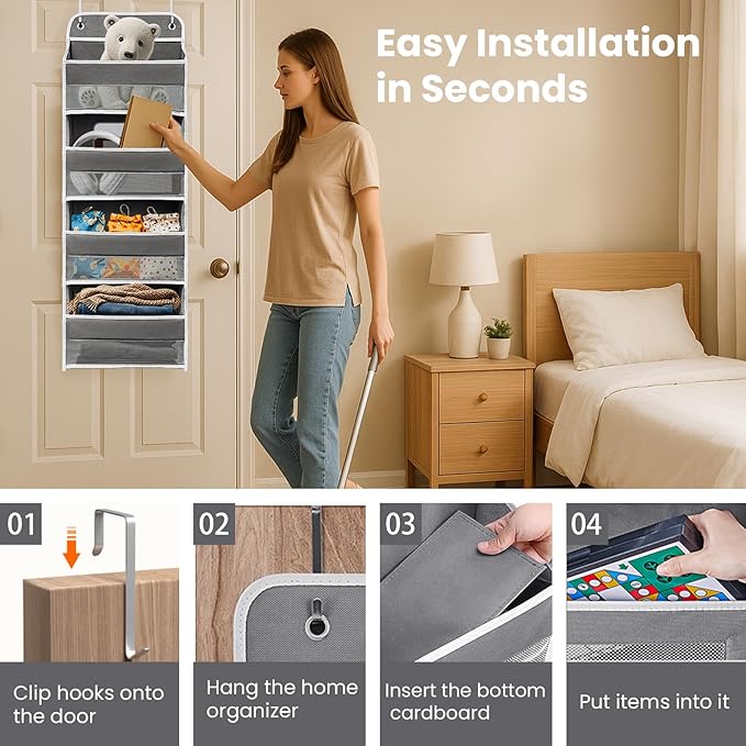 Over The Door Organizer with 4 Side Mesh Pockets, 44lb Weight Capacity Hanging Behind The Door Storage Suitable for Storing Toys, Shoes, Towels, Grey