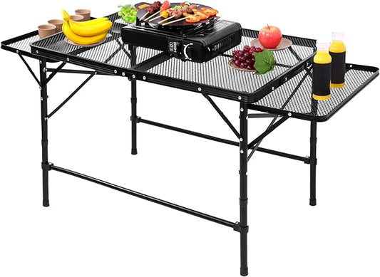 Portable Folding Camping Table with Mesh Side Shelves, Easy for Storage, Compact and Portable Picnic Table for Grill, Outdoor Camping, Black