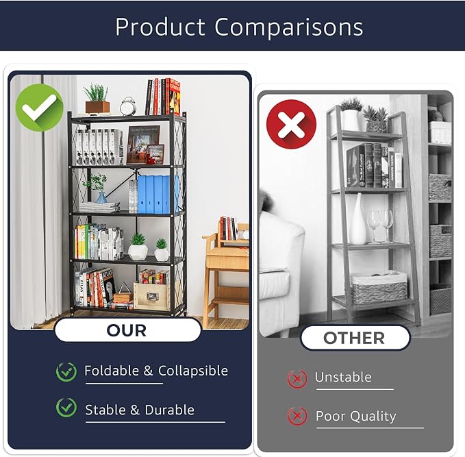 5-Tier Foldable Storage Shelf with Wheels - Metal Collapsible Shelving Unit Display, Rolling Cart for Books Kitchen Storage Shelves, Pantry & Closet Organizer, Office Room Decor - Black