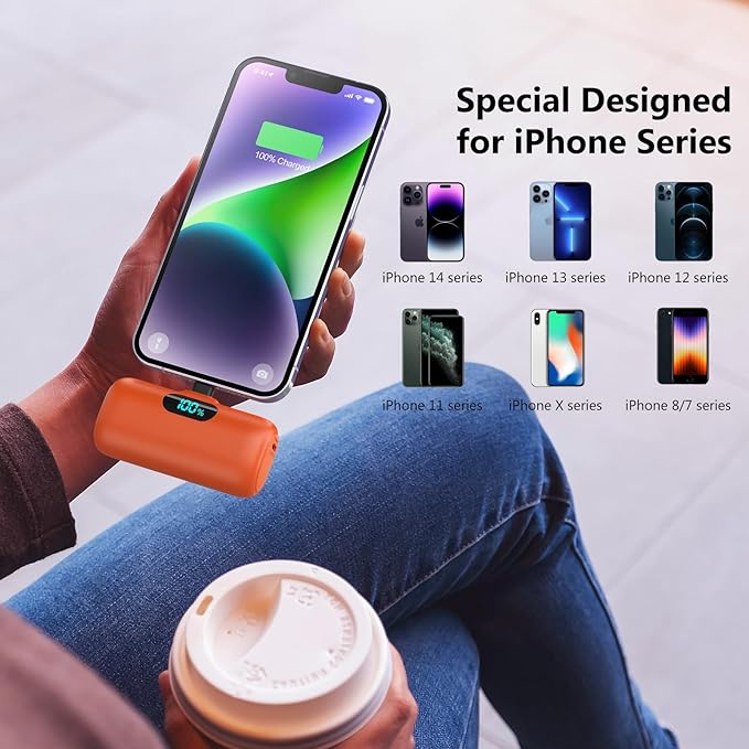 Small Portable Charger for iPhone, Upgraded 5000mAh PD Fast Charging Power Bank, Mini Plug-in Battery Pack Backup Charger Compatible with iPhone 14/14 Pro Max/13/13 Pro/12 Pro/11/XS/XR/X/8/7/6-Orange