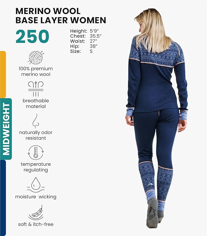 Merino.tech Merino Wool Base Layer Women Set - Heavyweight, Lite, Midweight Merino Thermal Underwear For Women Top, Bottom