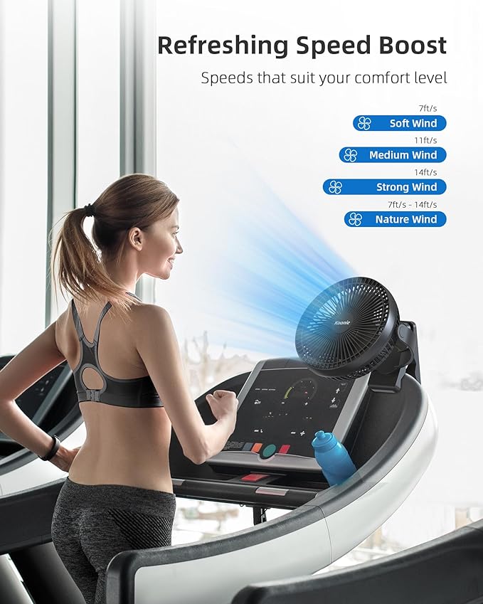 Koonie 10000mAh Clip on Fan Rechargeable, 8-Inch Battery Operated Desk Fan, USB Fan, 4 Speeds, Strong Airflow, Sturdy Clamp for Golf Cart Office Desk Outdoor Travel Camping Tent Gym Treadmill,Black