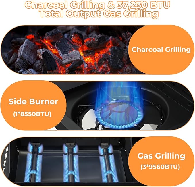 Gas and Charcoal Grill Combo with Side Burner, Dual-sided Frying Plate, Thermometer, Wheels, Side Table, 37,230BTU Gas Grill for Patio, Garden